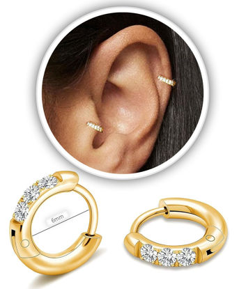 Picture of Small Gold Hoop Earrings for Women Men,14K Gold Plated in 316L Surgical Steel Hinge Huggie Hoop Earrings fit Cartilage Helix Tragus Sung Earlobe Lightweight Hypoallergenic Earrings (1 Pair-6mm)