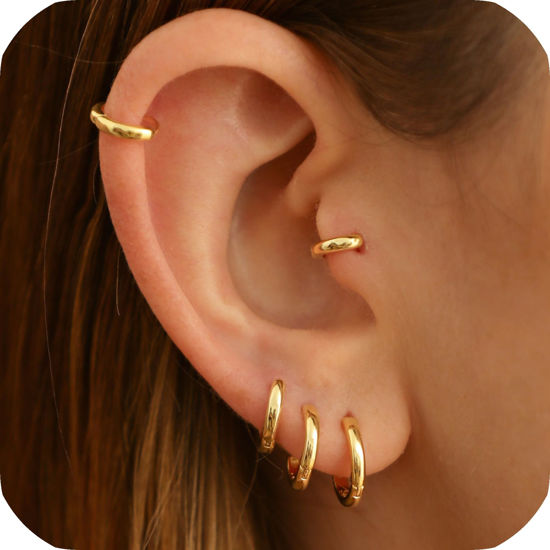 Picture of 925 Sterling Silver Small Gold Hoop Earrings for Women Men,18K Gold Plated Hinge Huggie Hoop Earrings fit Cartilage, Helix, Tragus, Sung, Earlobe Lightweight Hypoallergenic Earrings (1 Pair - 6mm)