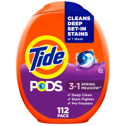 Picture of Tide PODS laundry detergent pacs, 3-in-1 Stain Remover, Odor Fighter, Color Protector, 112 Count, HE compatible, Spring Meadow Scent