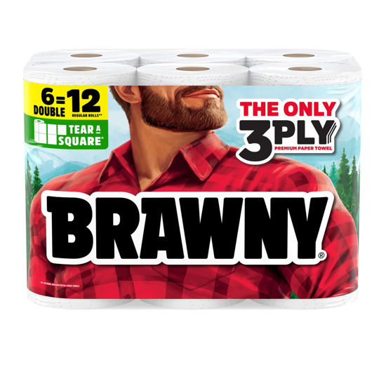 Picture of Brawny Tear-A-Square 3-Ply Paper Towels, 6 Double Rolls = 12 Regular Rolls, Strong, Absorbent, and Durable with 3 Sheet Sizes (Quarter, Half, Full)