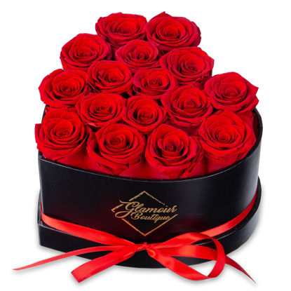 Picture of GLAMOUR BOUTIQUE 16 Flower Forever Heart Shape Box, Eternal Preserved Roses Gift for Her, Lasting Flowers, Romantic Floral Keepsake for Birthday, Anniversary or Valentine’s Day, Red (Color-Treated)