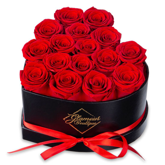 Picture of GLAMOUR BOUTIQUE 16 Flower Forever Heart Shape Box, Eternal Preserved Roses Gift for Her, Lasting Flowers, Romantic Floral Keepsake for Birthday, Anniversary or Valentine’s Day, Red (Color-Treated)