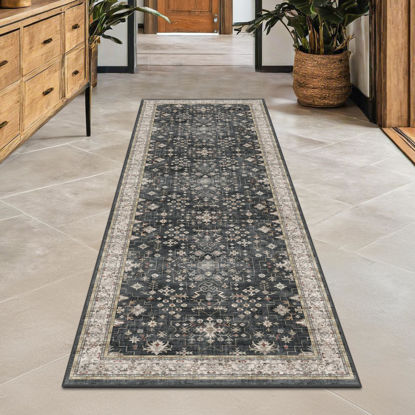 Picture of Black Boho Washable 2x6 Runner Rugs for Hallway Kitchen Bedroom Beside Laundry Room Bathroom Rug, Pet & Kids Friendly, Non Slip Low Pile Stain Resistant Soft Foldable Long 24 x 72 Floor Carpet
