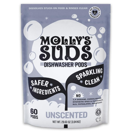 Picture of Molly's Suds Dishwasher Pods | Clean Dishwasher Detergent, Cuts Grease & Rinses Clean (Residue-Free) for Sparkling Dishes | 60 Auto-Release Tabs (Unscented)