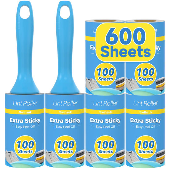 Picture of Swihauk 600 Sheets Extra Sticky Lint Rollers for Pet Hair, Easy Spiral Tear Lint Roller for Clothes with Ergonomic Handle, Multipurpose Lint Remover for Furniture, Carpet, Car Seat