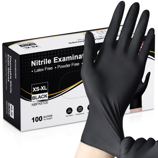 Picture of Schneider Nitrile Exam Gloves, Black Latex Free Powder Free Disposable Gloves for Medical, Cooking, Cleaning, and Food Prep (Large, 100)