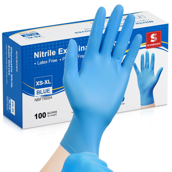 Picture of Schneider Nitrile Exam Gloves - M, 100-ct Box, Medical Grade Blue Disposable Gloves Latex Free, Rubber Glove for Cleaning, Cooking, Food Prep