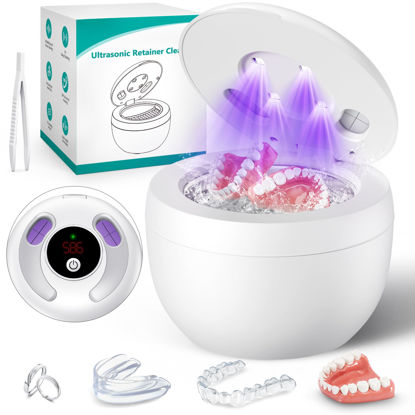 Picture of Upgraded Ultrasonic Retainer Cleaner Machine, 45kHz Ultrasonic Dentures Cleaner for Night Guards, Braces, Aligner, Toothbrush, Jewelry and More, 200ML Capacity, White
