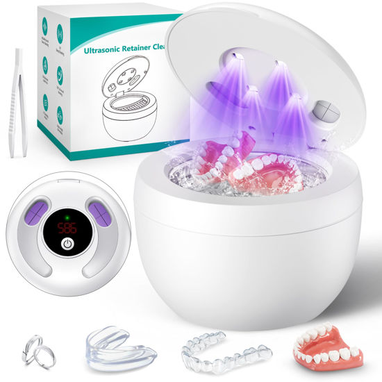 Picture of Upgraded Ultrasonic Retainer Cleaner Machine, 45kHz Ultrasonic Dentures Cleaner for Night Guards, Braces, Aligner, Toothbrush, Jewelry and More, 200ML Capacity, White