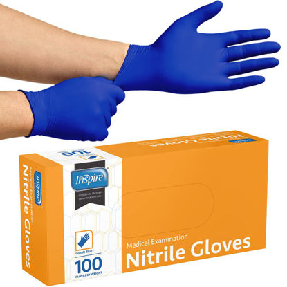 Picture of Inspire Cobalt Blue Nitrile Disposable Gloves | 4.5 Nitrile Safety Medical Exam Cooking Cleaning Disposable Gloves (Blue - Box of 100, Large)