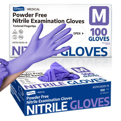 Picture of Supmedic Nitrile Exam Gloves, 3.5 Mil Powder-Free Food Safe Cleaning Chemo Rated Disposable Medical Glove, Violet Blue 100 Pcs (Medium)
