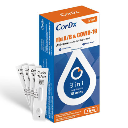 Picture of CorDx Tyfast at Home Flu A/B and COVID 19 Rapid Test Kit, Easy, Accurate, Fast Results in 10 Minutes, 4 Tests.
