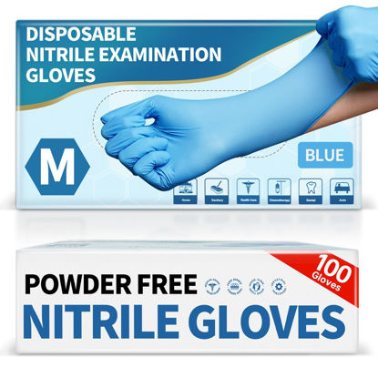 Picture of Medguy Powder-Free Nitrile Exam Gloves, 4.5 Mil, 100 Pcs Blue Disposable Latex-Free Food-Safe Medical Cleaning Cooking Gloves (Medium)