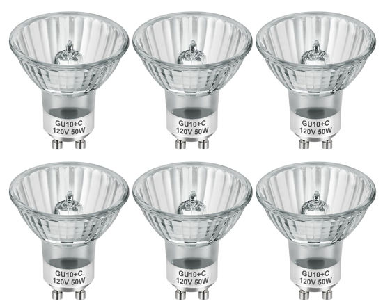 Picture of SerBion GU10 120V 50W Halogen Light Bulbs for Track and Range Hood, GU10+C Candle Warmer Lamp with Dimmable, 2700K Warm White, 6000+Hours Long-Lasting Pack of 6