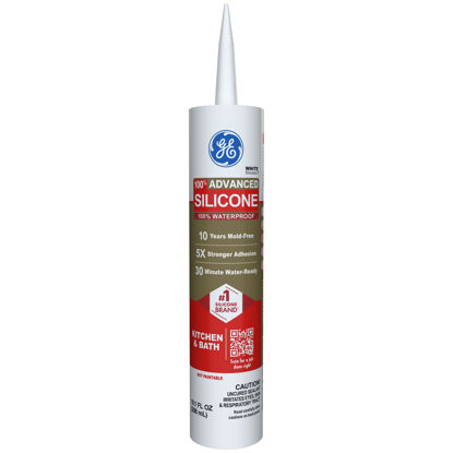 Picture of GE Advanced Silicone Caulk for Kitchen & Bathroom, White, 10 fl oz Cartridge, 1 Pack - 100% Waterproof Silicone Sealant, 5X Stronger Adhesion, Shrink & Crack Proof