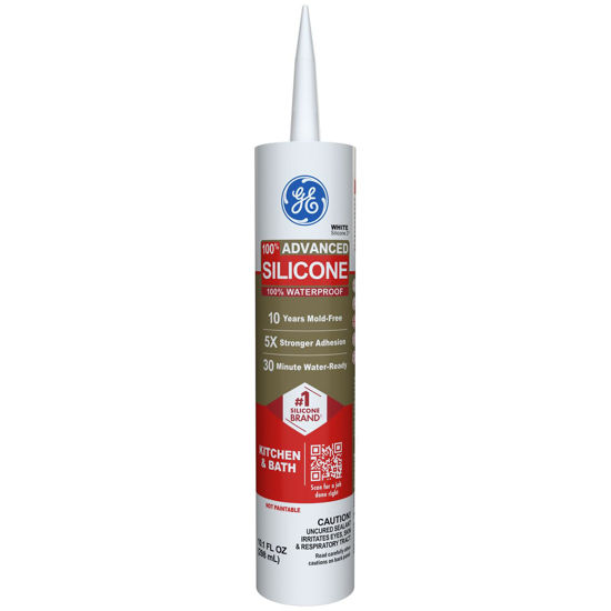 Picture of GE Advanced Silicone Caulk for Kitchen & Bathroom, White, 10 fl oz Cartridge, 1 Pack - 100% Waterproof Silicone Sealant, 5X Stronger Adhesion, Shrink & Crack Proof