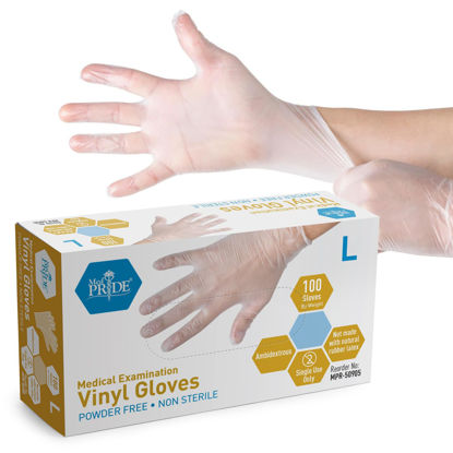 Picture of MED PRIDE Medical Vinyl Examination Gloves (Large, 100-Count) Latex & Rubber Free, Ultra-Strong, Clear Disposable Powder-Free Gloves for Healthcare & Food Handling Use