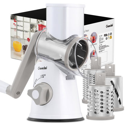 Picture of Geedel Rotary Cheese Grater, Kitchen Mandoline Vegetable Slicer with 3 Interchangeable Blades, Easy to Clean Rotary Grater Slicer for Fruit, Vegetables, Nuts