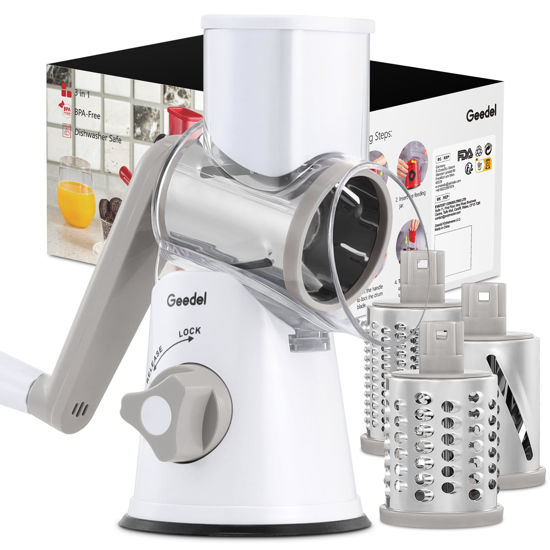 Picture of Geedel Rotary Cheese Grater, Kitchen Mandoline Vegetable Slicer with 3 Interchangeable Blades, Easy to Clean Rotary Grater Slicer for Fruit, Vegetables, Nuts