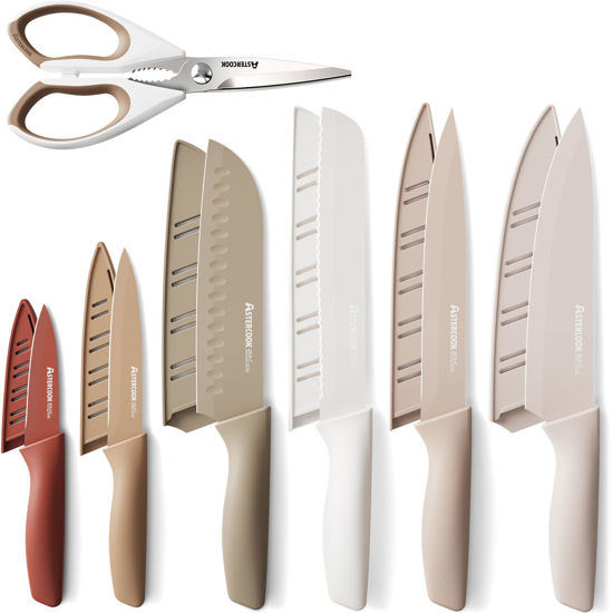 Picture of Astercook Knife Set, 13 Pieces Kitchen Knives Set with Healthy Anti-Rust Coating, Dishwasher Safe, Stainless Steel Chef Knife Sets with 6 Blade Guards, Perfect Valentine's Day Gifts for Kitchen