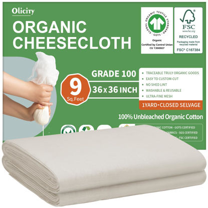 Picture of Organic Cheese Cloths, GOTS Certified, Grade 100, 36x36Inch, Reusable Cheese Cloth with Closed Edges Fabric Fine Mesh Cloth, Unbleached Cotton Muslin Cheesecloth for Straining,Cooking,Crafts - 9 Sq.Ft