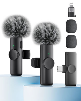 Picture of Wireless Microphone for iPhone iPad and Android Phone, 2 Pack Wireless Lavalier Lapel Mic with Noise Reduction, Plug and Play Mini Microphone for Video Recording Interview Podcast YouTube TikTok Vlog