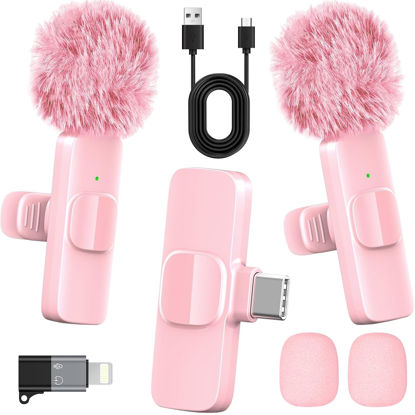Picture of HONGJIEYUAN Pink Wireless Lavalier Microphone for iPhone & Android - Mini Clip-On Mic with Noise Cancellation, 65ft Range, 8H Battery, USB-C/Lightning - for TikTok, YouTube, Podcast, Live Streaming