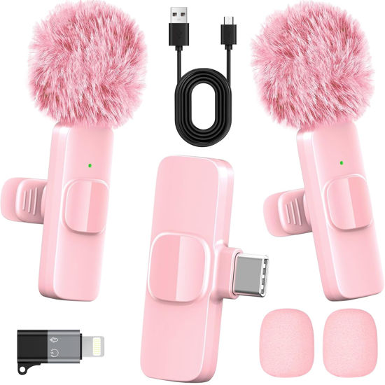 Picture of HONGJIEYUAN Pink Wireless Lavalier Microphone for iPhone & Android - Mini Clip-On Mic with Noise Cancellation, 65ft Range, 8H Battery, USB-C/Lightning - for TikTok, YouTube, Podcast, Live Streaming