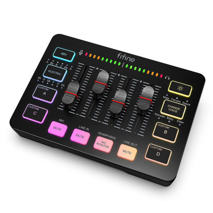 Picture of FIFINE Gaming Audio Mixer, Streaming RGB PC Mixer with XLR Microphone Interface, Individual Control, Volume Fader, Mute Button, 48V Phantom Power, for Podcast/Recording/Vocal/Game Voice-AmpliGame SC3