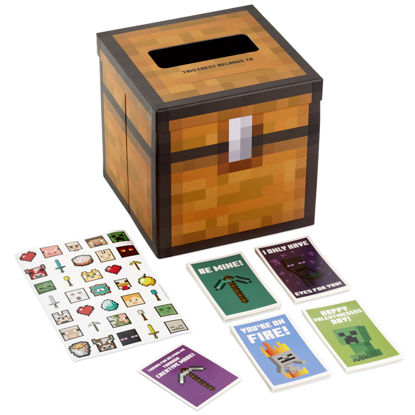 Picture of Hallmark Minecraft Valentines Day Cards and Mailbox for Kids School Classroom Exchange (1 Box, 32 Valentine Cards, 35 Stickers, 1 Teacher Card)