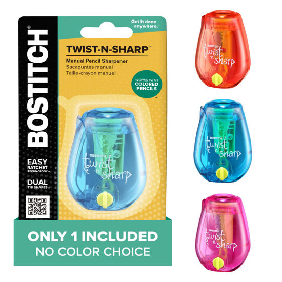 Picture of Bostitch Office Pencil Sharpener, Manual, One Assorted Color, Twist-n-Sharp, Kids, Boys, Girls, Colored Pencils, 1 Pack