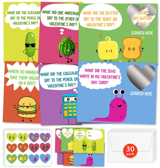 Picture of HIDEGRASS Funny Joke Valentine's Day Cards for Kids Classroom, 30 Pack Valentine Cards with 36 Stickers & 30 Envelops, Valentines Gifts for Boys Girls