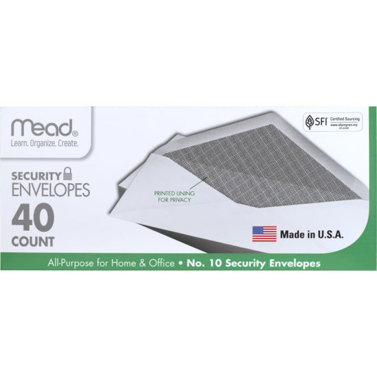 Picture of Mead #10 Envelopes, Letter Size, 4-1/8" x 9-1/2", Security Printed Lining for Privacy, Gummed Closure, Windowless, White All-Purpose for Home & Office Mail, 40 Count (75214)