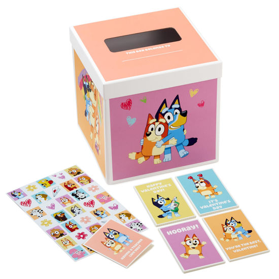 Picture of Hallmark Bluey Valentines Day Cards for Kids with Pop Up Mailbox for Classroom Exchange (1 Box, 32 Cards, 35 Stickers, 1 Teacher Card)