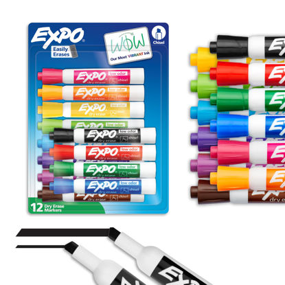 Picture of EXPO Dry Erase Markers, Low Odor Ink, Assorted Colors, Chisel Tip, 12 Count - Easily Erases, Vibrant Ink, Ideal for Classroom, Back to School Supplies, Teachers, Office, Whiteboard & Home