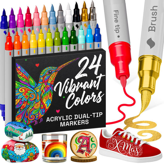 Picture of ARTISTRO 24 Acrylic Paint Markers - Paint Pens for Calligraphy, Brush + Fine Tips - For Fabric, Rock, Glass, Wood, DIY, Craft, Canvas - Art and Craft Supplies for Adults, Teens, Kids