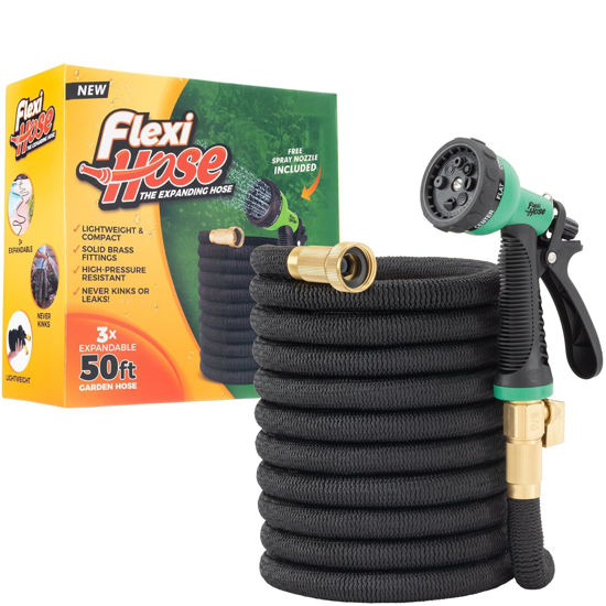 Picture of Flexi Hose Expandable Garden Hose with 8 Function Nozzle, 50FT - Lightweight Retractable Garden Hose, Water Hose - No-Kink Flexibility, 3/4 Inch Solid Brass Fittings and Double Latex Core