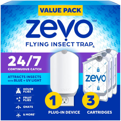 Picture of Zevo Flying Insect Trap & 3 Refill Cartridges - Plug in Fly Trap & Indoor Bug Catcher for Gnats, House & Fruit Flies - Blue & UV Light Technology, Mess-Free Alternative to Bug Zapper
