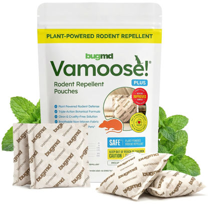 Picture of BugMD Vamoose! Plus Peppermint Oil Mouse Repellent Pouches | Natural Mice Repellent Indoor & Rat Deterrent for House, Garage, RV, Car & Storage | Plant-Powered Rodent Control - 1 Pack - 4 Pouches