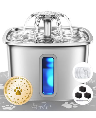 Picture of Veken Innovation Award Winner Stainless Steel Cat Water Fountain, 108oz/3.2L Automatic Pet Fountain Dog Water Dispenser with 3 Replacement Filters & Silicone Mat, Gifts for Cats, Dogs (Silver)