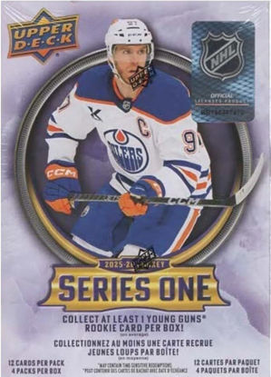 Picture of 2025 2026 Upper Deck Series One Hockey Unopened Blaster Box of Packs with a Young Guns Rookie Card, an OPC Glossy Card, an Encore Insert and Green Dazzler Card Plus