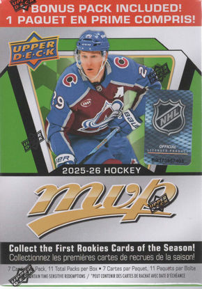 Picture of 2025 2026 Upper Deck M V P Hockey Series Unopened Blaster Box of 11 Packs with Chance for Rookies Plus #1 Draft Picks Cards and Blaster Exclusive Gold Scripts