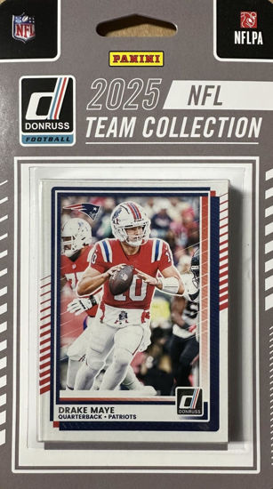 Picture of New England Patriots 2025 Donruss Factory Sealed Team Set Featuring a Drake Maye 2nd Year Card and Stefon Diggs with Kyle Williams, TreVeyon Henderson and Will Campbell Rated Rookie Cards Plus