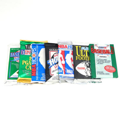 Picture of Vintage Multi-Sport Unopened Pack Lot Total of 100 Trading Cards Baseball Football Basketball Hockey Topps Upper Deck Hoops Pro Set
