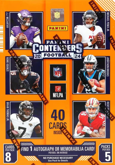 Picture of 2024 Panini Contenders Football Series Factory Sealed Blaster Box with One Autograph or Rookie Ticket Memorabilia Swatch Plus Seven Inserts or Parallels Per Box Including Exclusive Blue Parallels