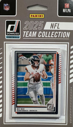Picture of Denver Broncos 2025 Donruss Factory Sealed 11 Card Team Set Featuring Bo Nix 2nd Year Card and Hall of Famer John Elway with Rated Rookie Cards of RJ Harvey, Pat Bryant and Jahdae Barron Plus