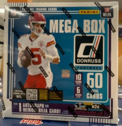 Picture of 2025 Donruss Football Mega Box FACTORY SEALED Look for possible Downtowns! 1 Autograph or Memorabilia card per box. Look for rookies of Jaxson Dart, Travis Hunter, Cam Ward, Cam Skatteboo and more.