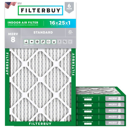 Picture of Filterbuy 16x25x1 Air Filter MERV 8 Essential Dust & Allergy Defense (6-Pack), Electrostatic Pleated HVAC AC Furnace Filters Replacement, Made in USA (Actual Size: 15.50 x 24.50 x 0.75)