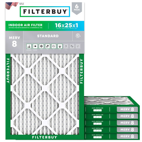 Picture of Filterbuy 16x25x1 Air Filter MERV 8 Essential Dust & Allergy Defense (6-Pack), Electrostatic Pleated HVAC AC Furnace Filters Replacement, Made in USA (Actual Size: 15.50 x 24.50 x 0.75)