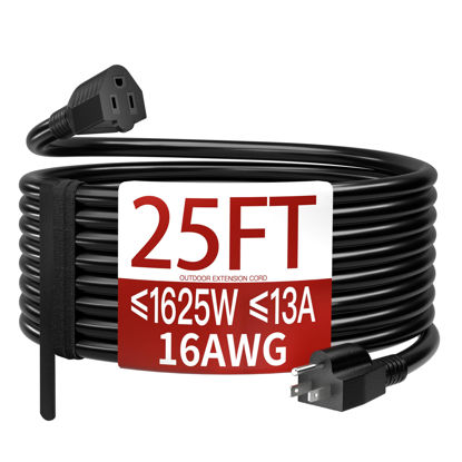 Picture of Skrizcable 16/3 25 FT Outdoor Extension Cord Waterproof, Weatherproof & Flame Retardant Black 3 Prong Power Cord Outside for Lawn & Garden, 13 Amps 1625 Watts 125 VAC 16AWG SJTW, ETL Listed
